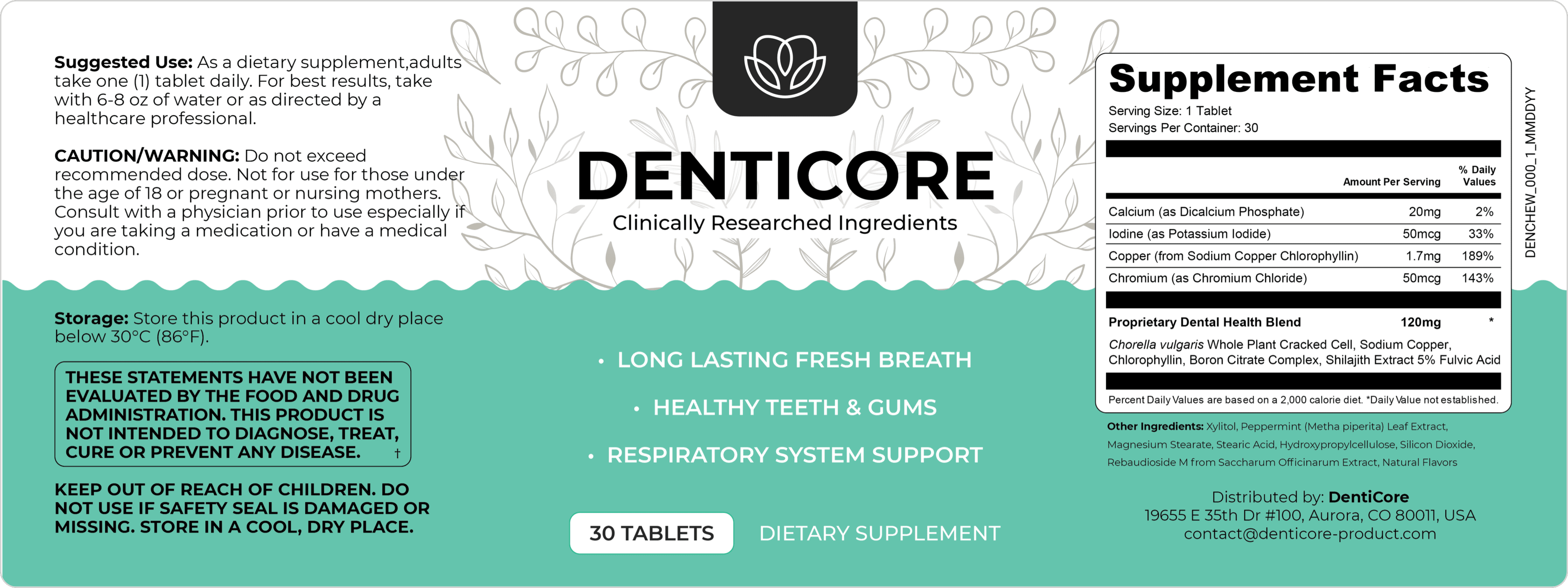 Denticore ingredient label